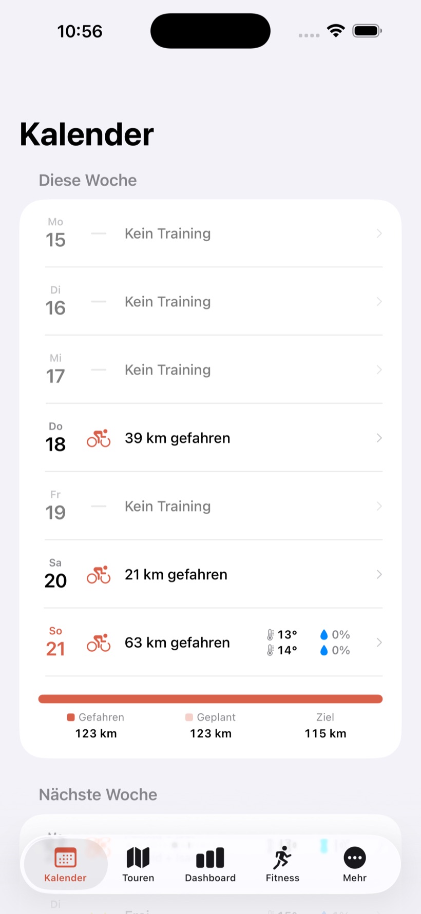 CyclePilot Wochenkalender mit Wetter, geplanten und gefahrenen Touren