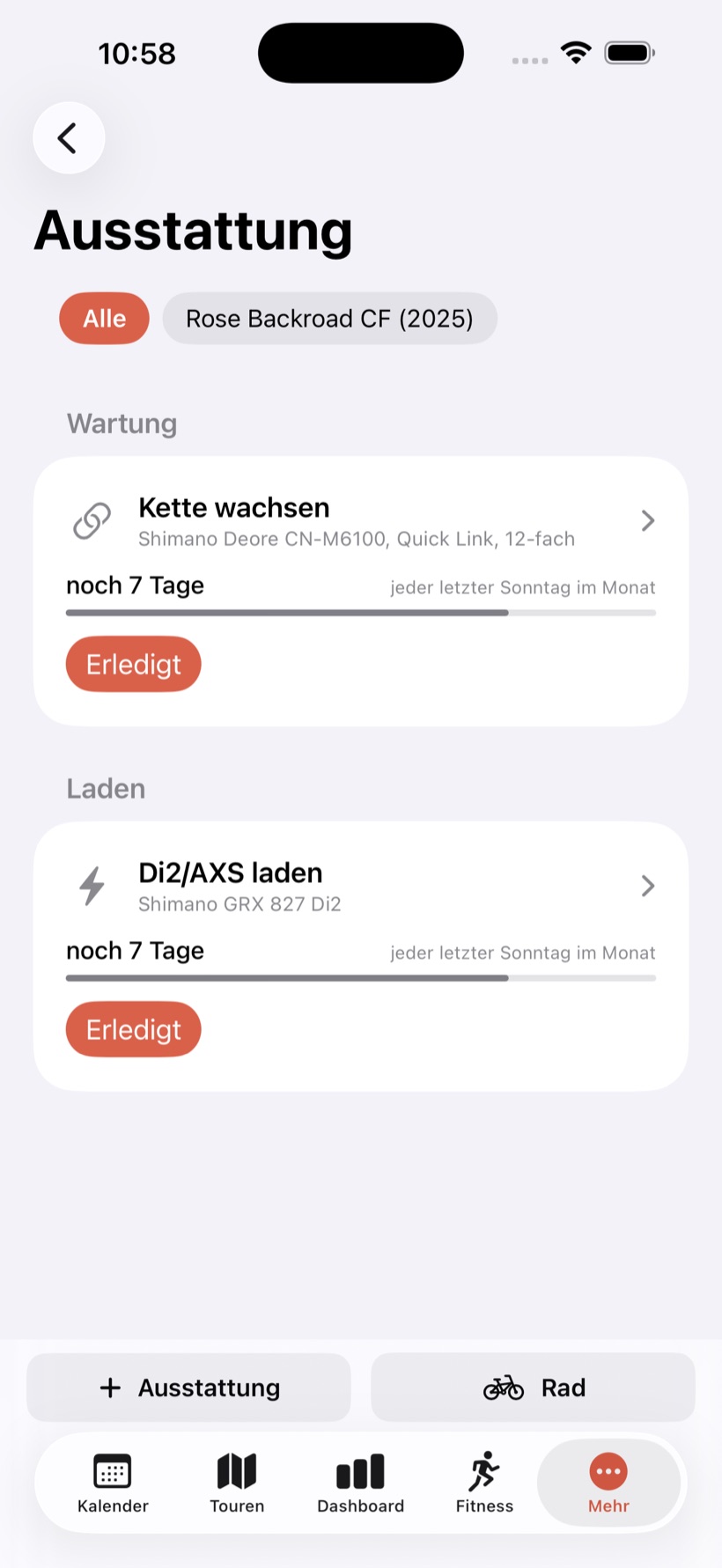 CyclePilot Ausstattung mit Wartungs- und Lade-Erinnerungen