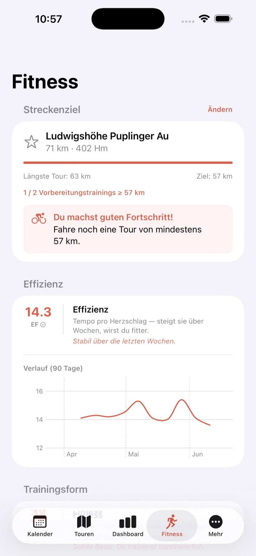 CyclePilot Streckenziel mit Fortschritt und Efficiency Factor