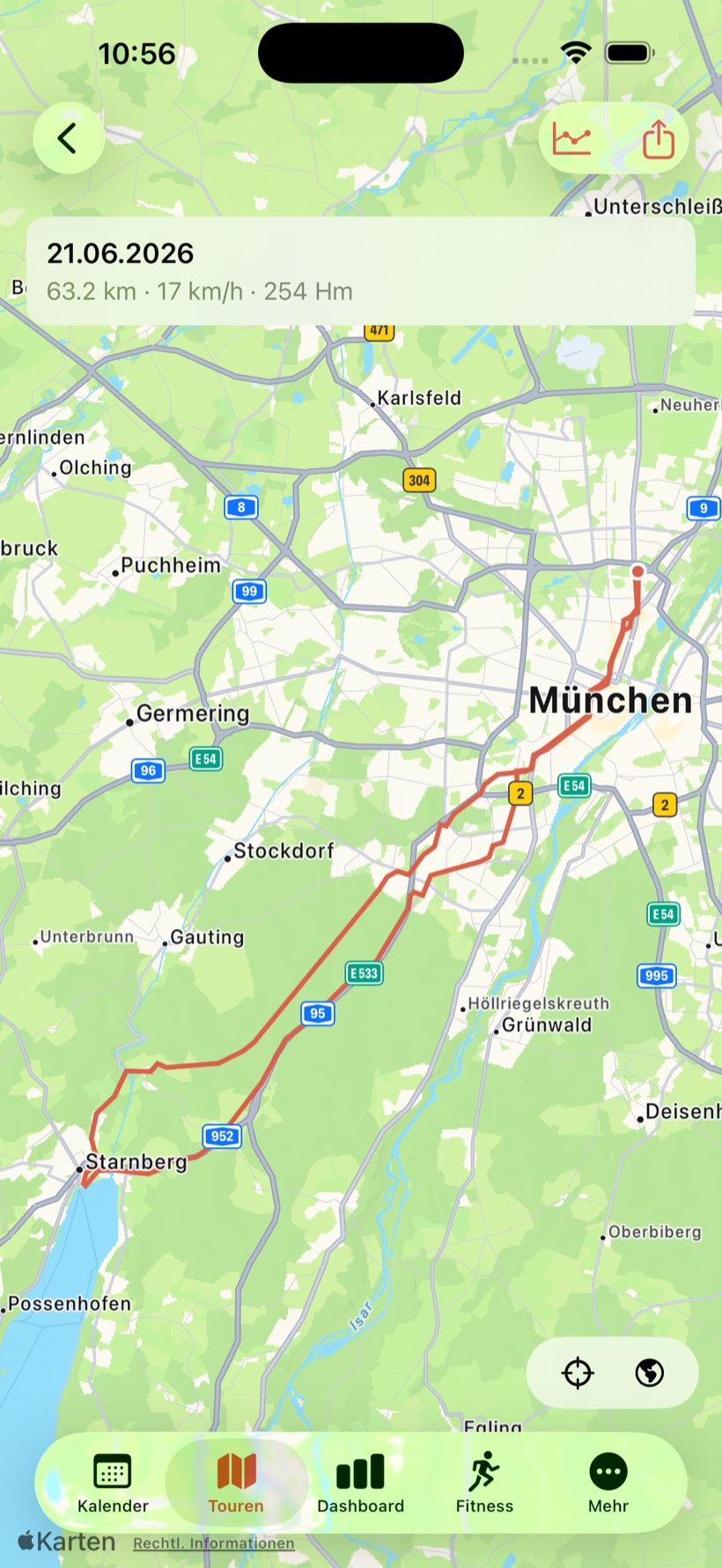 CyclePilot Tour mit Routenkarte, Distanz, Schnitt und Höhenmetern